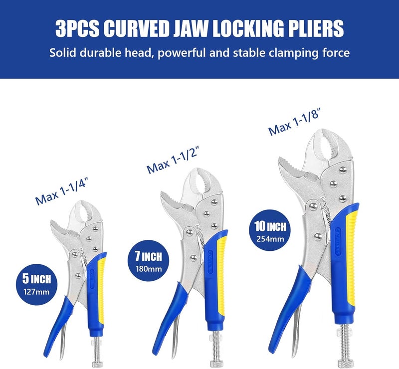 Evertools Locking Pliers Set,5"/7"/10" Curved Jaw Vise Grip,6-1/2"and 9-1/2" Needle Nose Vice Grips, 6" C-Clamp for Woodworking, Metal Working and Welding - Image 2